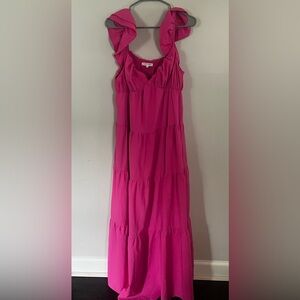 Free the Roses Bright Fuchsia Ruffle-Shoulder Tiered Maxi Dress